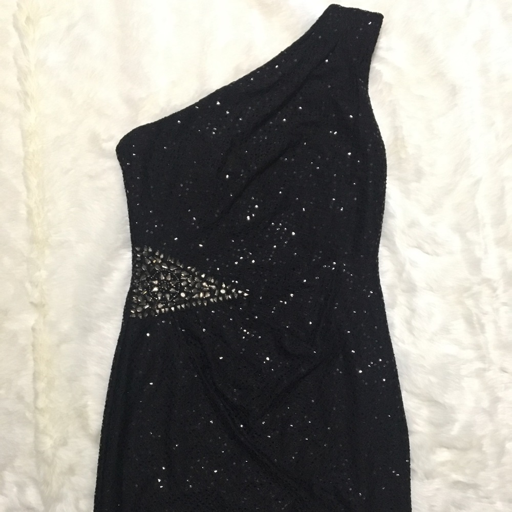 Black sequined one shoulder formal dress